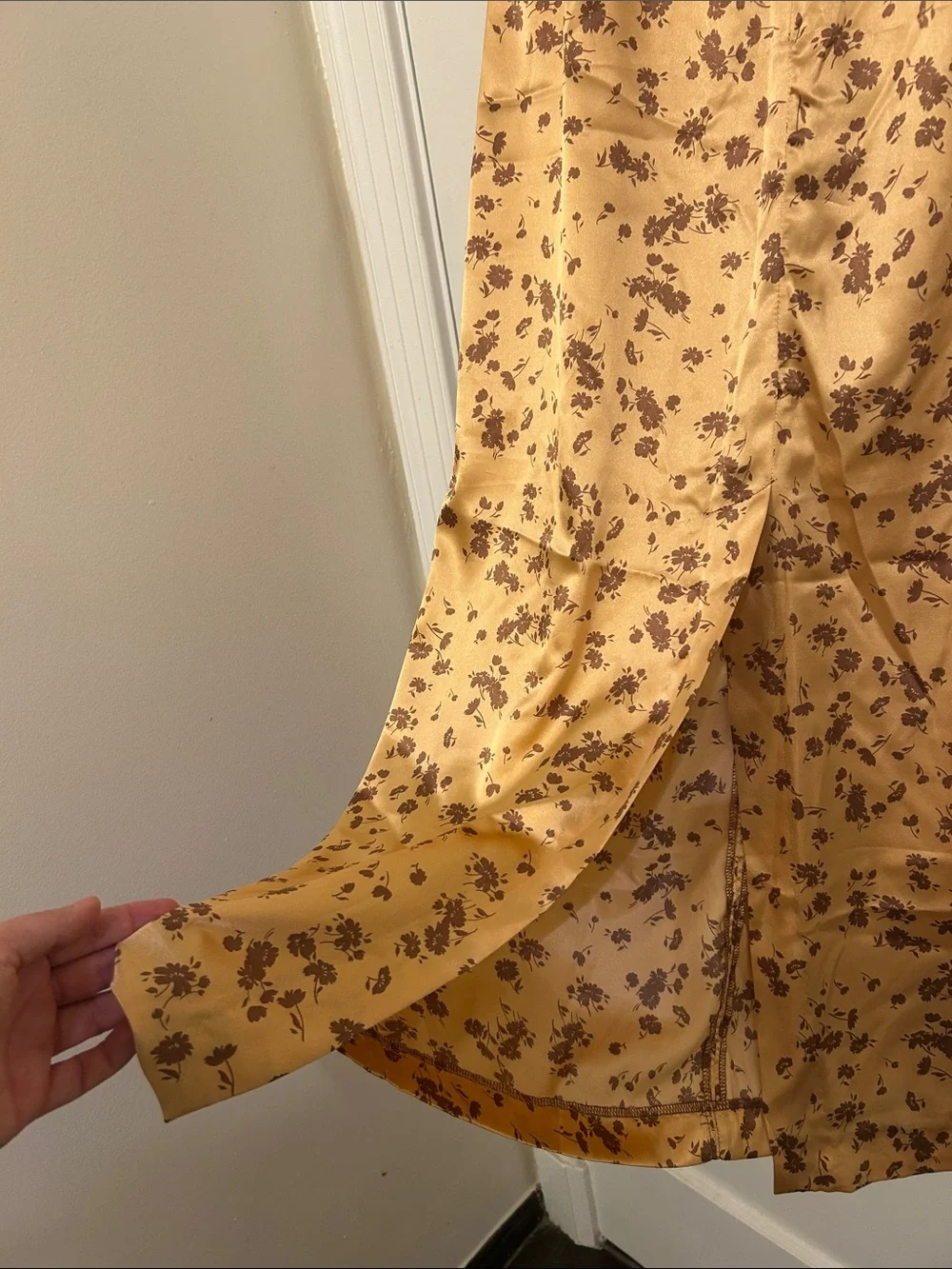Zara gold / brown floral satin midi skirt with side slit